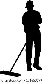 Silhouette of a male cleaner scrubbing the floor. Vector illustration.