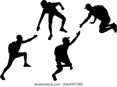 Silhouette of a male climber offering a helping hand to his partner. Business Concept. Vector Silhouette