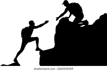 Silhouette of a male climber working in a team with a partner, holding out his hand to help him climb. Business teamwork concept. Vector Silhouette