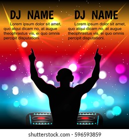 Silhouette of male DJ with headphones, with his hands up in a night club.Vector illustration.