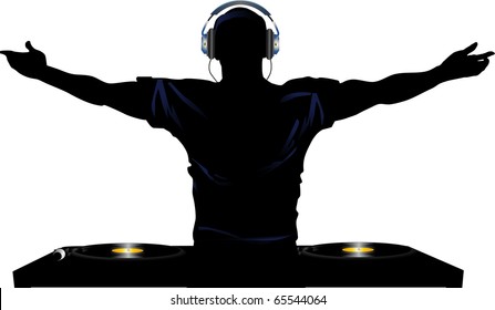 silhouette of male DJ wearing headphones in front of record decks