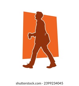 Silhouette of a male employee walking and holding his coffee cup 