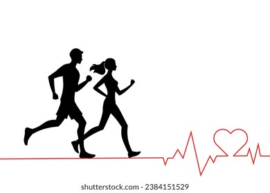 silhouette male and female couple runing on red Heartbeat line or heart rate and heart icon. runner People exercise and have a healthy lifestyle.Vector illustration.