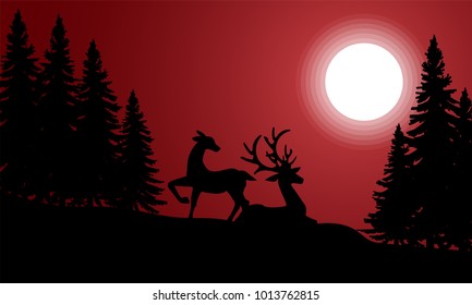Silhouette of male and female deers looking at the full moon on the hill near pine trees clear red night sky. Vector illustration background.