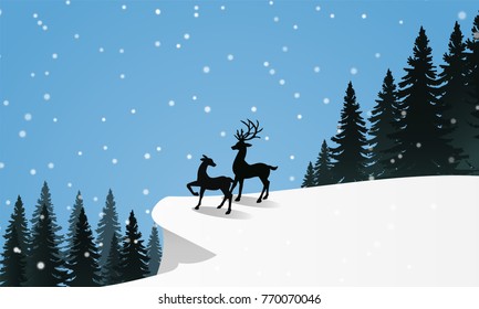Silhouette of male and female deers standing on the snow hill near pine trees under snow and clear blue sky. Vector illustration background.