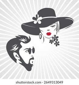 Silhouette of male and female faces man with beard and woman in elegant hat black and white background