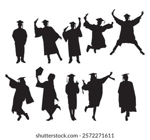 silhouette of male and female graduates in various poses