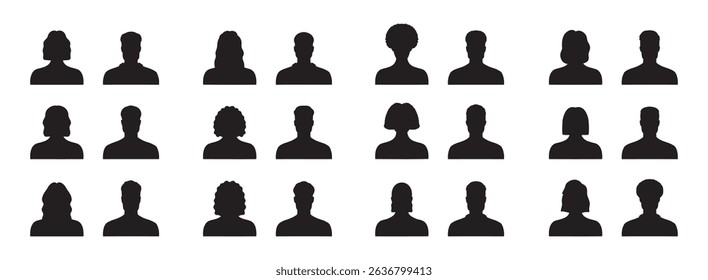 Silhouette male and female heads. People profile avatars, anonymous faces portraits, black silhouette unknown faceless set. Vector illustration