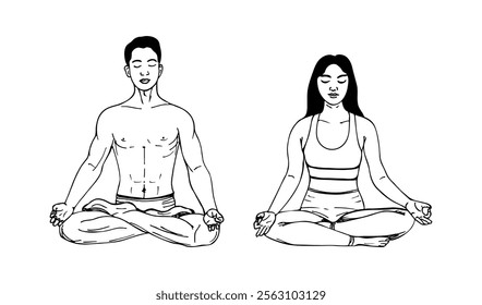 Silhouette of a male and female human body sitting in a lotus position. Meditating body silhouette illustration