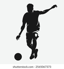 Silhouette of male football player, soccer athlete kicking the ball. Vector logo illustration.