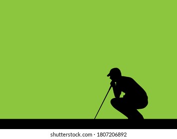 Silhouette eines männlichen Golfers kröpft zu beobachten Grundleinen im Grünen, die die Richtung des Balles beeinflussen, bevor sie, Vektorsilhouette einzeln auf grünem Hintergrund.