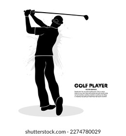 Silhouette of male golfer hitting ball isolated on white background