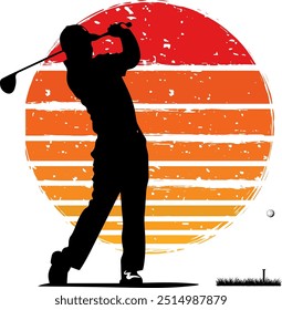 Silhouette eines männlichen Golfers mittlerer Schaukel mit einem Golf Club auf einem lebendigen Orange und Red Sunset Streifen Hintergrund.