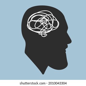 Silhouette of a male head. Flat illustration of face. Head icon. Silhouette of a bearded man. Guy avatar. Intrapersonal conflict. Depression. Entanglement