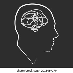 Silhouette of a male head. Icon. Stylish guy. Flat illustration of face. Head icon. Silhouette of a guy. Man avatar. Linear avatar. Intrapersonal conflict. Depression. Entanglement. Psychology