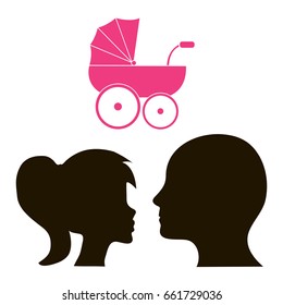Silhouette of a male head and a woman in profile and a pink baby stroller,