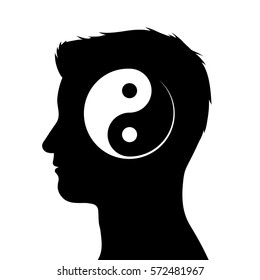 Silhouette of male head with yin yang symbol, vector illustration