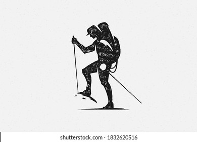 Silhouette male hiker with backpack and sticks during trip hand drawn stamp effect vector illustration. Vintage grunge texture on old paper for poster or label decoration.