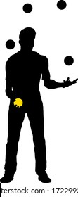 Silhouette Of A Male Juggler Juggling Five Balls. Vector Illustration.