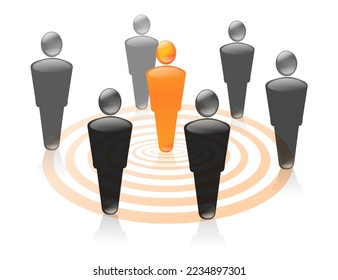 Silhouette of a male leader in orange in the middle of silhouettes of men in black in a series of circles