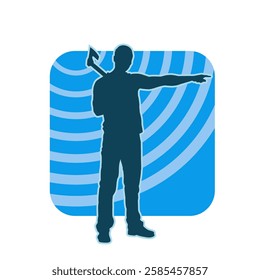 silhouette of a male lumberjack holding broad axe tool. silhouette of a forest worker standing ang holding a tomahawk.