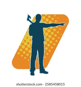 silhouette of a male lumberjack holding broad axe tool. silhouette of a forest worker standing ang holding a tomahawk.