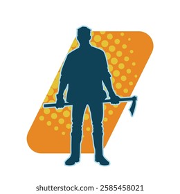 silhouette of a male lumberjack holding broad axe tool. silhouette of a forest worker standing ang holding a tomahawk.