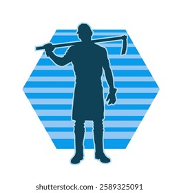 silhouette of a male lumberjack holding broad axe tool. silhouette of a forest worker standing ang holding a tomahawk.