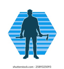 silhouette of a male lumberjack holding broad axe tool. silhouette of a forest worker standing ang holding a tomahawk.