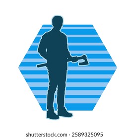 silhouette of a male lumberjack holding broad axe tool. silhouette of a forest worker standing ang holding a tomahawk.