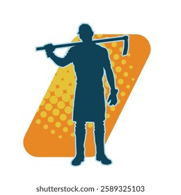 silhouette of a male lumberjack holding broad axe tool. silhouette of a forest worker standing ang holding a tomahawk.