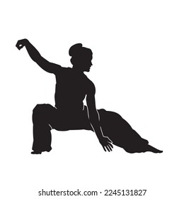 Silhouette of a male martial arts athlete with his hair in a bun. shirtless and armless.