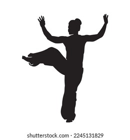 Silhouette of a male martial arts athlete with his hair in a bun. shirtless and armless.