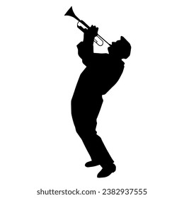 Silhouette of a male musician playing trumpet musical instrument. 