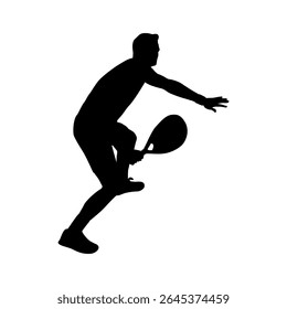 Silhouette of Male Padel Player in Defensive Position, Focused Padel Athlete Ready for the Next Move