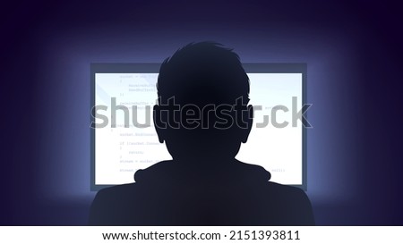 Silhouette of a male programmer and a laptop with a glowing screen with a code