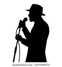 Silhouette of male singer with hat performing with microphone