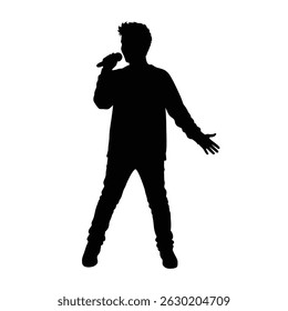 Silhouette of a male singer performing with a microphone on a white background