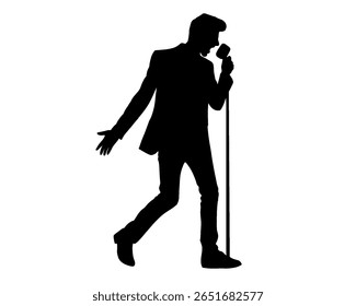 Silhueta do cantor masculino cantando, ícone isolado no fundo branco.	
