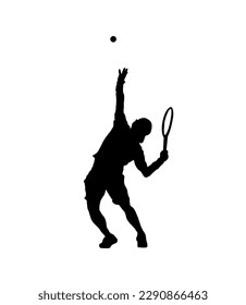 Silhouette of a male tennis player about to hit the ball, isolated on white background.