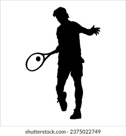 La silueta de un jugador de tenis en acción posan. Silhouette de un hombre jugando al tenis con raqueta.