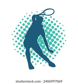 Silhouette of a male tennis player in action pose. Silhouette of a man playing tennis sport with racket.