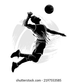 Silhouette of male volleyball player flying and smashing the ball. Vector illustration