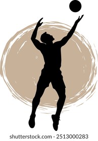 A silhouette of a Male Volleyball Player in mid-jump, reaching for a Volleyball, set against an abstract circular background. Perfect for sports themes and dynamic action visuals.