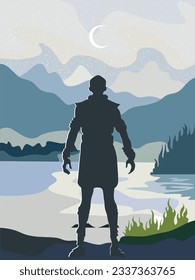 Silhouette of a male warrior on the background of a landscape with a starry sky, a lake and mountains.