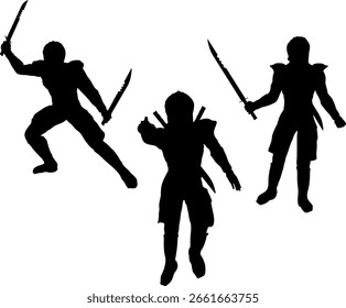 Silhouette eines männlichen Kriegers, der in kampfbereiter Pose mit einem großen Schwert steht. Der kräftige schwarze Umriss hebt Stärke, Fantasy-Themen und heroische mittelalterliche Konzepte hervor.