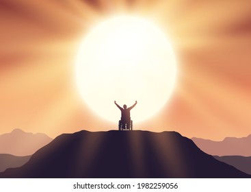 Silhouette of a male in wheelchair on top of a hill holding hands in the air with joy 