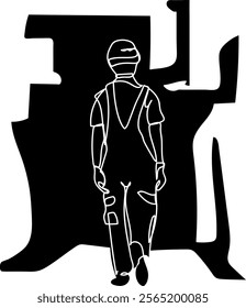 Silhouette of Male Workers Dressed in Overalls and Helmets Walking Through a High-Tech Factory