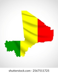 Silhouette of Mali map filled with the Malian flag design, symbolizing national pride, cultural heritage, and geographic identity.  
