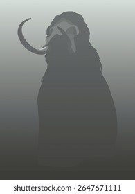 Silhueta de um mamute com presas grandes íngremes em um fundo cinza dando a ilusão de nevoeiro. Ilustração vetorial para seus projetos no estilo da antiga fauna estética